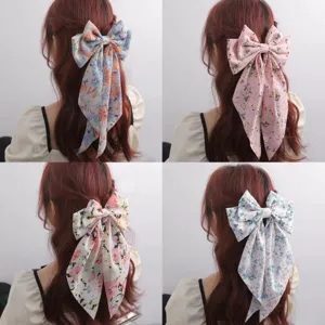 French Style Bowknot Long Ribbon Spring Hair Clip Sweet Floral Fabric Hair Barrette For Women Daily Hair Accessories