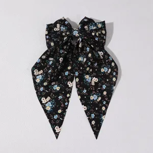 French floral print hair bow clip with long streamers, sweet fabric spring hair accessory.