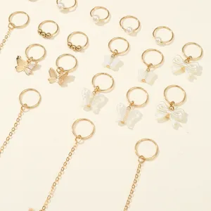 Hair braid rings set, metal dreadlock cuffs with pearls, butterflies and chains for DIY hairstyles.