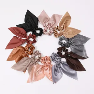Chouchous en Satin pour Femmes Ruban Court Couleur Unie Élastiques à Cheveux Élégant Français Support de Queue de Cheval