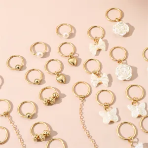 Gold dreadlock hair rings set with butterfly pearl bow charms for DIY braids styling.