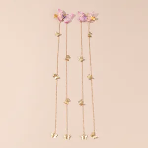 Close-up of vintage style mesh butterfly hair clips with long gold chains and dangles for women.