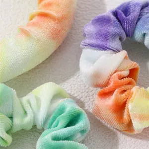 Colorful tie-dye velvet hair scrunchies set, soft plush material, perfect for daily styling.