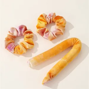 Heatless curling rod and velvet tie-dye scrunchies set for effortless waves and styling.