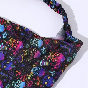 Halloween skull mushroom print fabric headband detail, stretchy elastic hair accessory.