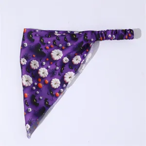 Halloween purple pumpkin skull pattern fabric hair band, elastic back triangle headwrap accessory.