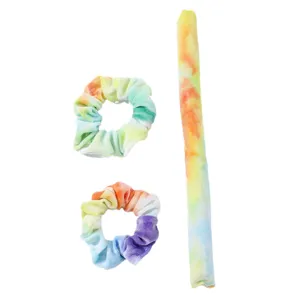 Tie-dye heatless curling rod headband and velvet scrunchies hair styling set for women.