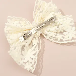 White lace bow hair clip with pearls and metal barrette for women and girls daily wear