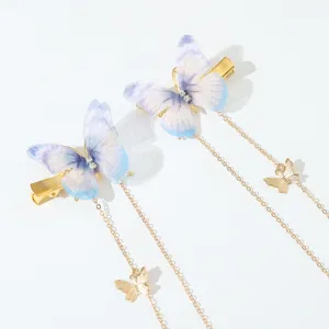 Lila Schmetterling Haarnadeln mit Goldmetallketten Quaste Damen Hanfu Modeschmuck Detail