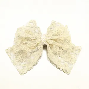 Beige lace bow hair clip with delicate pearl center elegant hairpin for women and girls daily wear