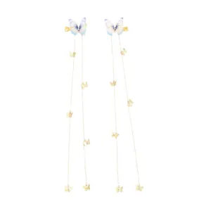 Lila Schmetterling Haarspangen mit langen goldenen Kettquasten, elegante Feen Haarschmuck.