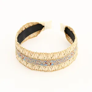 Bohemian straw embroidered wide headband, ethnic style woven hair hoop for women detail.