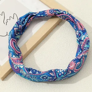 Blue paisley printed fabric headband, retro ethnic cross hair accessory for women daily wear.
