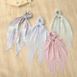 Floral Ribbon Hair Scrunchie Silk Scarf Korean Style Floral Hair Tie Long Ribbon Hair Accessories For Women Girls Daily