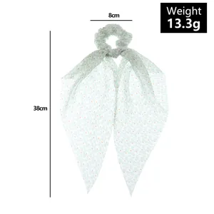 Detailed view of the Korean style floral scrunchie with long streamers, 38cm length and 8cm diam.
