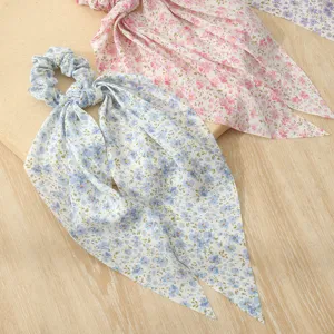 Floral print hair scrunchies with long ribbons, sweet style fabric hair ties for women detail view.