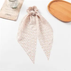 Floral print long ribbon hair scrunchie, elegant chiffon hair tie for women and girls daily wear.