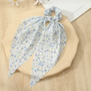 Floral print mesh hair scrunchie with long ribbons sweet hair accessory for women daily styling.
