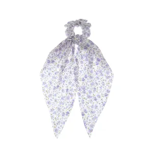 Purple floral print scrunchie detail, cute ribbon hair tie closeup view for women