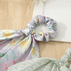 Floral ribbon hair scrunchy elegant long tail satin hair tie cute floral headwear for women