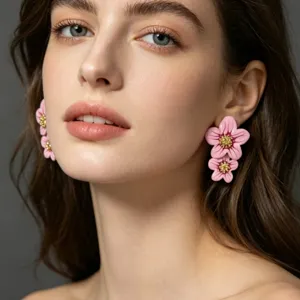 Gros plan de boucles d'oreilles tendance à fleurs émaillées roses avec cœurs dorés chic.