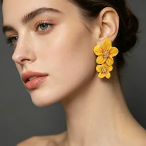 Gros plan détaillé de magnifiques boucles d'oreilles fleur jaune émaillée sur l'oreille.