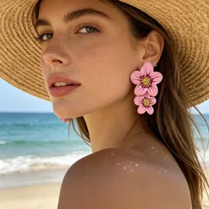 Gros plan détaillé des boucles d'oreilles clous double fleur en émail coloré, style chic.