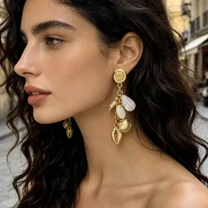 Pendientes colgantes de concha dorada y perla estilo vacaciones de verano chic para mujer.