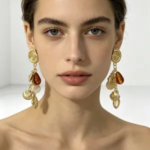 Pendientes colgantes de concha dorada, estilo vacacional de verano, joyas elegantes mujer.