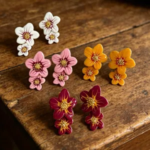 Gros plan de boucles d'oreilles clous fleurs émaillées colorées au design floral vif.