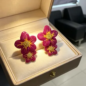 Détail de boucles d'oreilles clous fleurs en émail rose avec contraste de couleur luxueux.