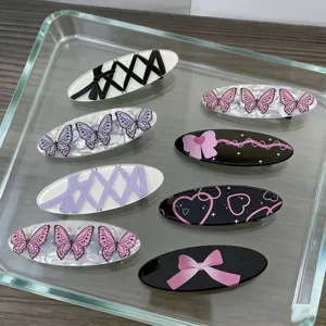 Pinza de pelo ovalada con lazo rosa negro clip de pico pato para flequillo accesorios