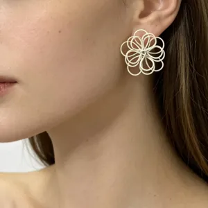 Close-up detail of elegant white woven flower stud earrings worn on ear, hollow floral design.