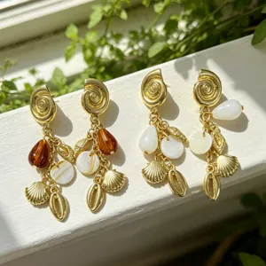 Pendientes colgantes de concha con borla estilo vacaciones, elegante oro mujer.