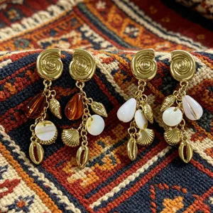 Pendientes colgantes de concha dorada estilo vacaciones de verano con cuentas y dijes de hojas.