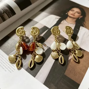 Verano playa resort estilo oro concha pendientes perla borla pendientes para mujeres