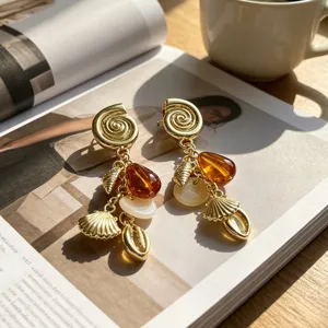 Pendientes Colgantes Oro Verano Playa Concha Ámbar Gota Joyería Estilo Mujer
