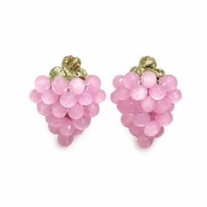 Charmantes boucles d'oreilles clous raisin en cristal rose et feuilles d'or d'été