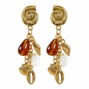 Pendientes de borla de concha dorada, estilo resort de playa de verano para mujeres.