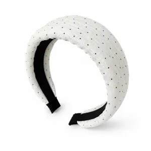 Cerchietto largo a pois bianchi, fascia per capelli plissettata in chiffon stile estivo.