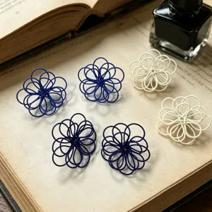 Handmade blue white wire woven flower stud earrings niche vintage style delicate jewelry