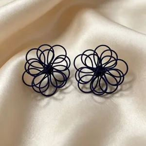 Chic dark blue wire-woven flower stud earrings, elegant handmade floral jewelry for women.