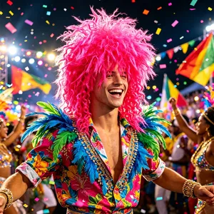 Detail view of a colorful fluffy party wig and festive costume set for Halloween carnival.