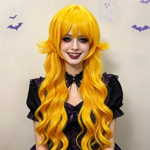 Gouden Golvende Gelaagde Lange Pruik Met Poppenpony Synthetische Vezel Volledige Dop Voor Vrouwen Cosplay Feest Haarstyling