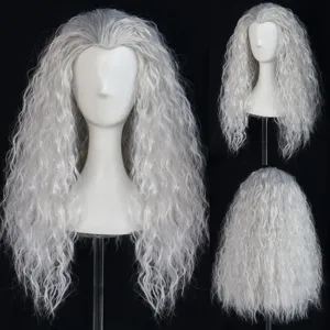 Silver-white long curly wig for cosplay, Halloween, stage performance, and costume dress-up.