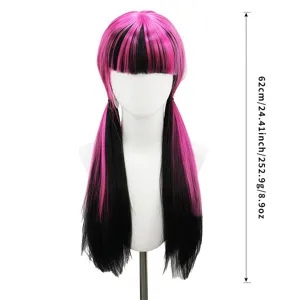 Detailed showcase of the black and bright pink synthetic long straight pigtail wig.