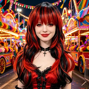 Black and red layered long wig for Halloween costume party and fun cosplay styling.
