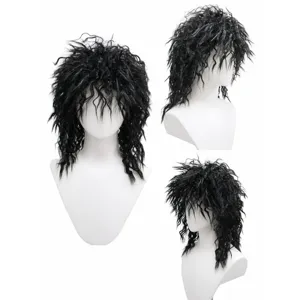 Black fluffy punk rock wig for Halloween costume party, retro messy curly hair piece for men.