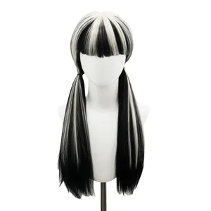 Black and white highlighted long straight pigtail wig with bangs, perfect for cosplay.