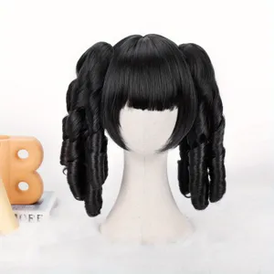 Black Lolita cosplay wig with twin pigtails and spiral ringlets, straight bangs doll hair style.